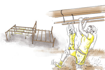 Illustration of an obstacle made of wooden beams and monkey bar elements. The construction consists of a rectangular climbing frame with slanted monkey bars, rings, ropes, and narrow beams, designed for swinging across.