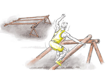 Depiction of an obstacle made of tilted round logs forming an unstable balance course. The structure is close to the ground and requires a good sense of balance.