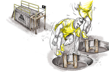 Depiction of a raised obstacle with round openings in a platform. Below the openings are vertically mounted wooden bars that serve as handholds or footholds.