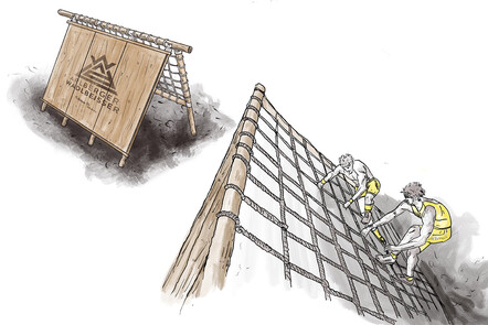Drawn scene showing a tall, vertical wooden wall as an obstacle. The wall has a smooth surface, and the obstacle course logo is placed centrally.
