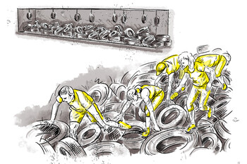 Depiction of an underpass filled with old car tires without rims. Some tires hang from the ceiling by ropes.