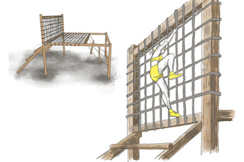 Illustration of a wooden frame stretched with ropes like a tennis racket. It stands vertically and must be climbed over.