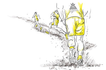 Drawing of a steep ascent on an unpaved trail. The obstacle consists of an exhausting uphill section with a natural surface.