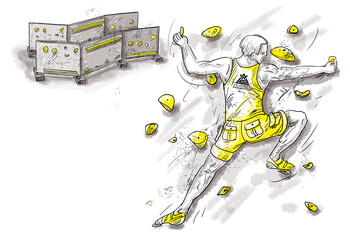 Illustration of a climbing wall with numerous climbing holds in various shapes. The wall is inclined and designed for lateral climbing.