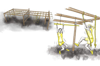 Illustration of a swinging obstacle made of ropes, monkey bars, and wooden hanging elements. The setup allows for swinging or traversing over a distance.
