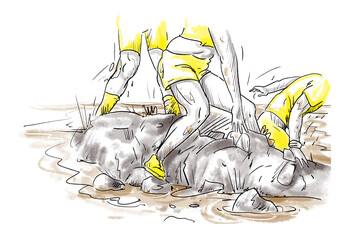 Drawing of a natural obstacle with slippery rocks in a muddy puddle. The stones must be crossed or climbed.