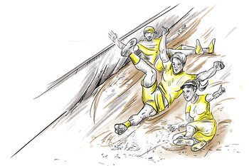 Illustration of a wide, steep slide with a smooth surface. The sloped area is shaded in dark and brown tones. The slide ends at the bottom.