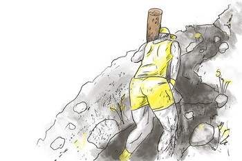 Depiction of an obstacle involving carrying a log on the back. The terrain is rocky and steeply inclined.