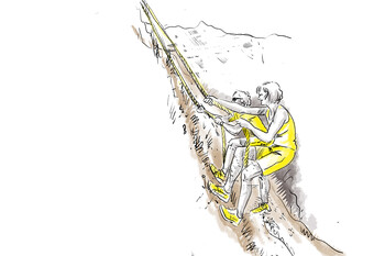 Illustration of a steep slope with an attached rope. The rope is used to aid in climbing the loose terrain.