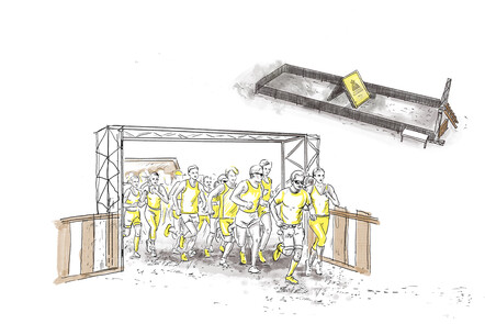 Illustration of a starting area with a gate made of steel beams. Also illustrated is the entire start zone.