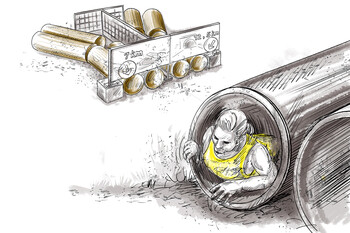 Drawing of the Arlberg Tunnel with several parallel tubes. The tubes must be crawled through. A sign indicates a course split with kilometer information.