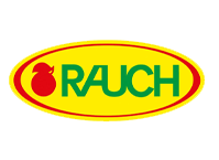 Rauch logo in green and yellow with a red apple symbol. The brand stands for fruit juices and beverages from Austria.