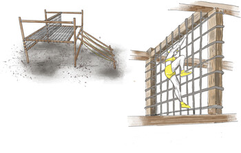 Zeichnung eines erhöhten Kletterhindernisses aus Holz und Netzen. Über ein Netzpodest und eine senkrechte Kletterwand aus Seilen muss das Hindernis überwunden werden.