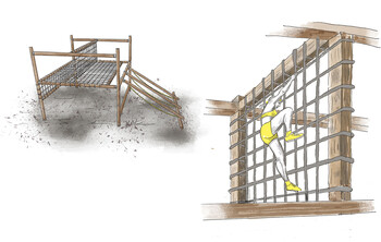 Illustration of an elevated climbing obstacle made of wood and rope nets. Participants climb onto a net platform and then overcome a vertical rope climbing wall to complete the obstacle.