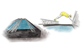 Illustration of a water obstacle featuring narrow metal beams spanning a pool of water. Participants must carefully balance across the beams without falling into the water.