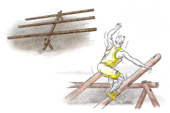 Zeichnung eines Balancehindernisses mit schrägen Holzbalken. Das Hindernis wird balancierend über die schmalen Balken überwunden.