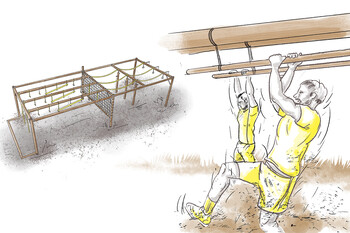 Illustration des Lianen Swing mit zwei Personen, die sich an hängenden Holzbalken durch den Parcours schwingen.